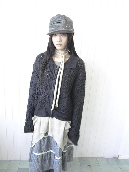 ang project Vintage Openwork Double Zip Lapel Collar Women&