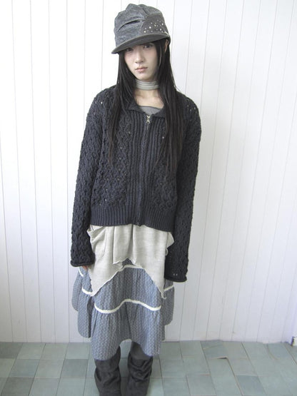 ang project Vintage Openwork Double Zip Lapel Collar Women&