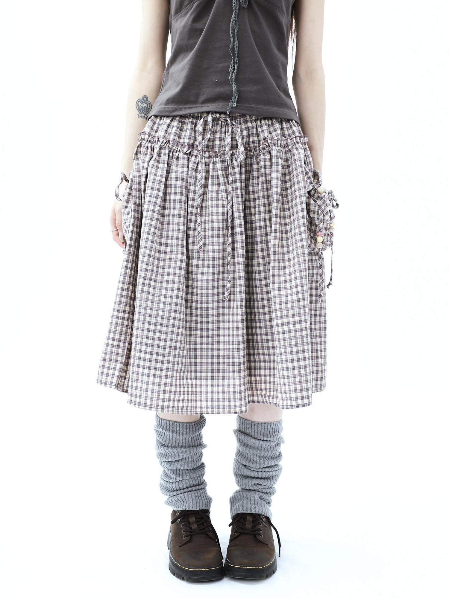ang project Vintage Plaid Drawstring Pockets A Line Women&
