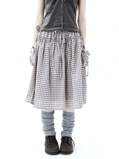 ang project Vintage Plaid Drawstring Pockets A Line Women&