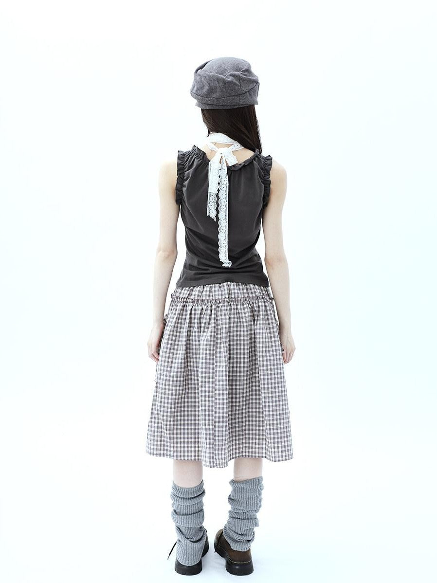 ang project Vintage Plaid Drawstring Pockets A Line Women&