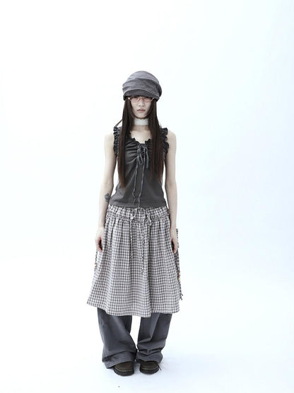 ang project Vintage Plaid Drawstring Pockets A Line Women&