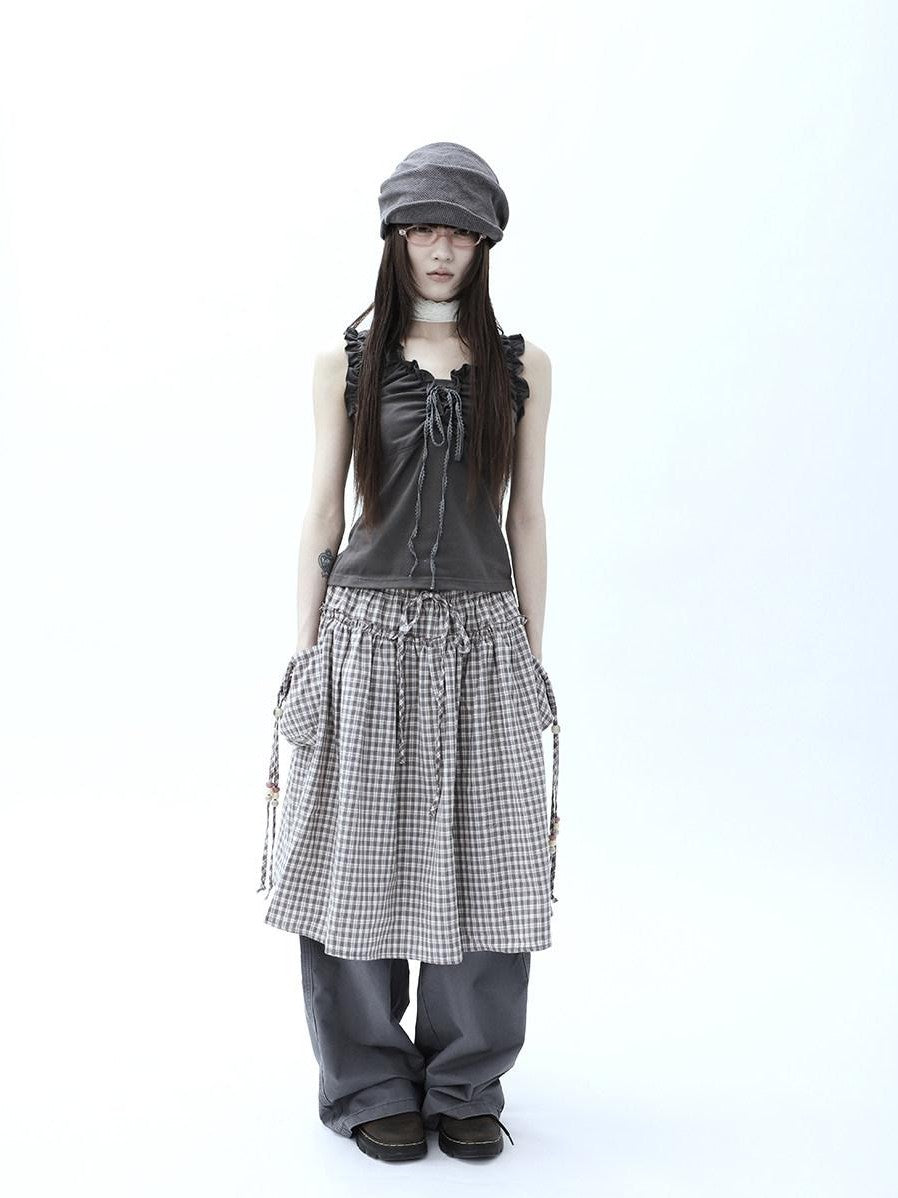 ang project Vintage Plaid Drawstring Pockets A Line Women&