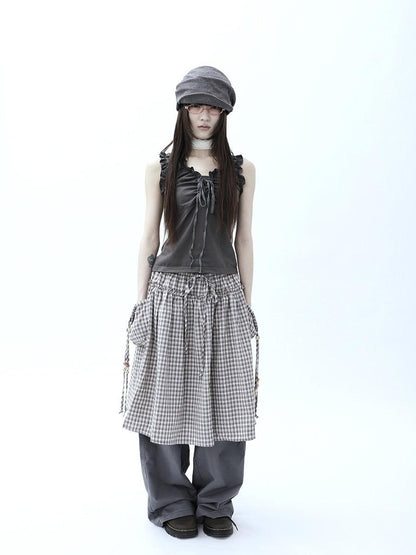 ang project Vintage Plaid Drawstring Pockets A Line Women&