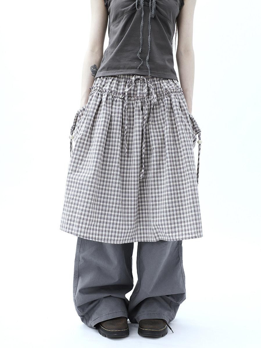ang project Vintage Plaid Drawstring Pockets A Line Women&