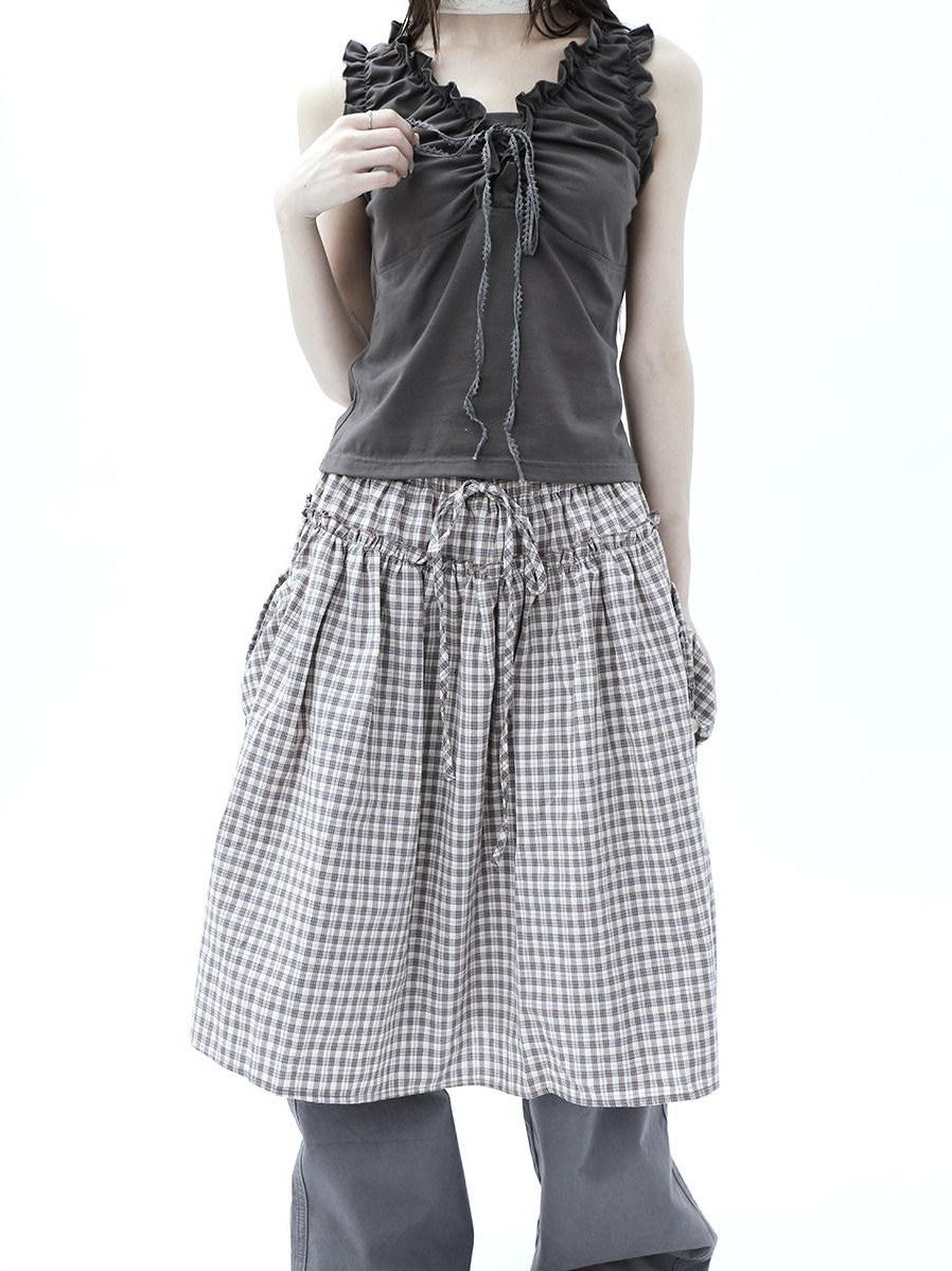 ang project Vintage Plaid Drawstring Pockets A Line Women&