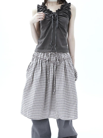 ang project Vintage Plaid Drawstring Pockets A Line Women&