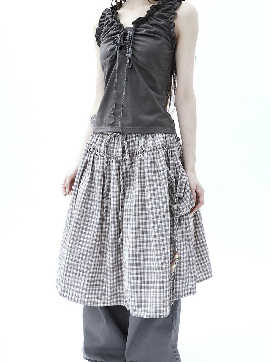 ang project Vintage Plaid Drawstring Pockets A Line Women&