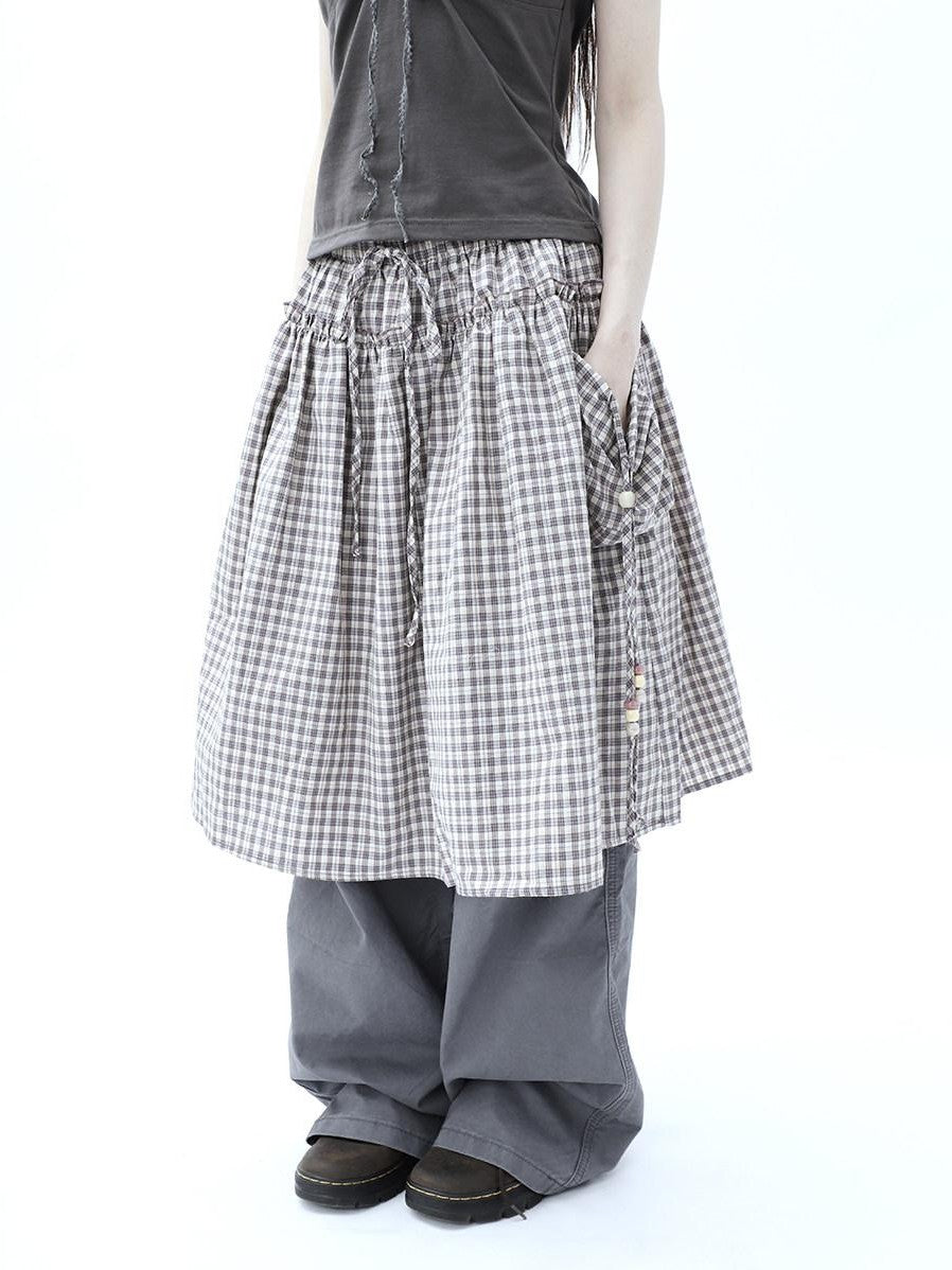 ang project Vintage Plaid Drawstring Pockets A Line Women&
