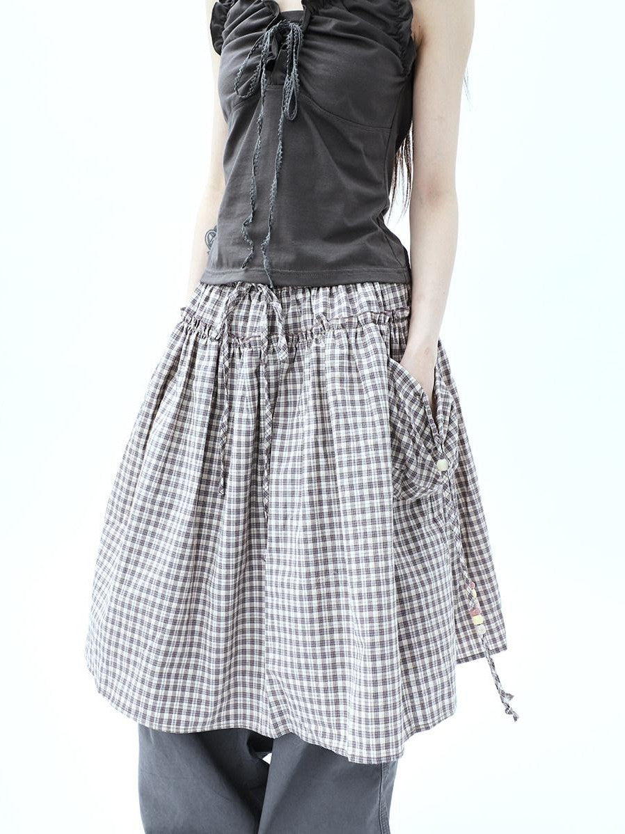 ang project Vintage Plaid Drawstring Pockets A Line Women&