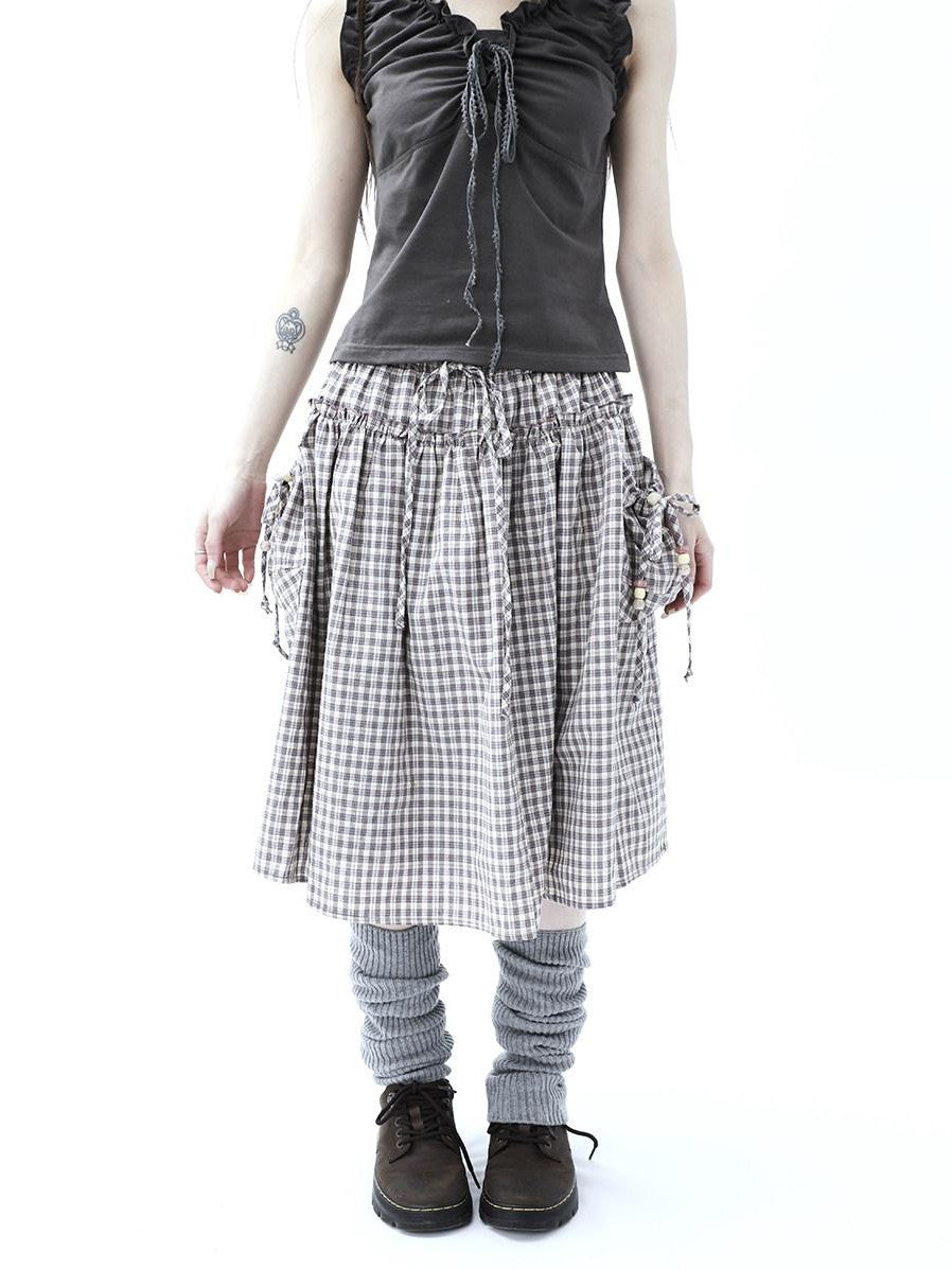 ang project Vintage Plaid Drawstring Pockets A Line Women&