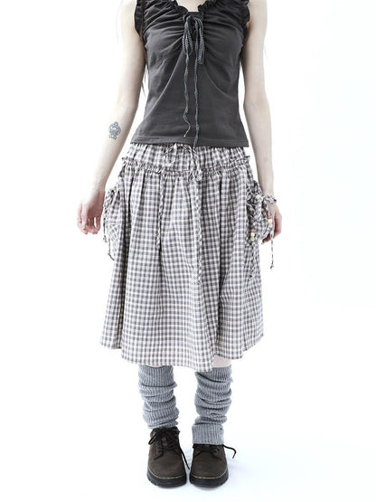 ang project Vintage Plaid Drawstring Pockets A Line Women&