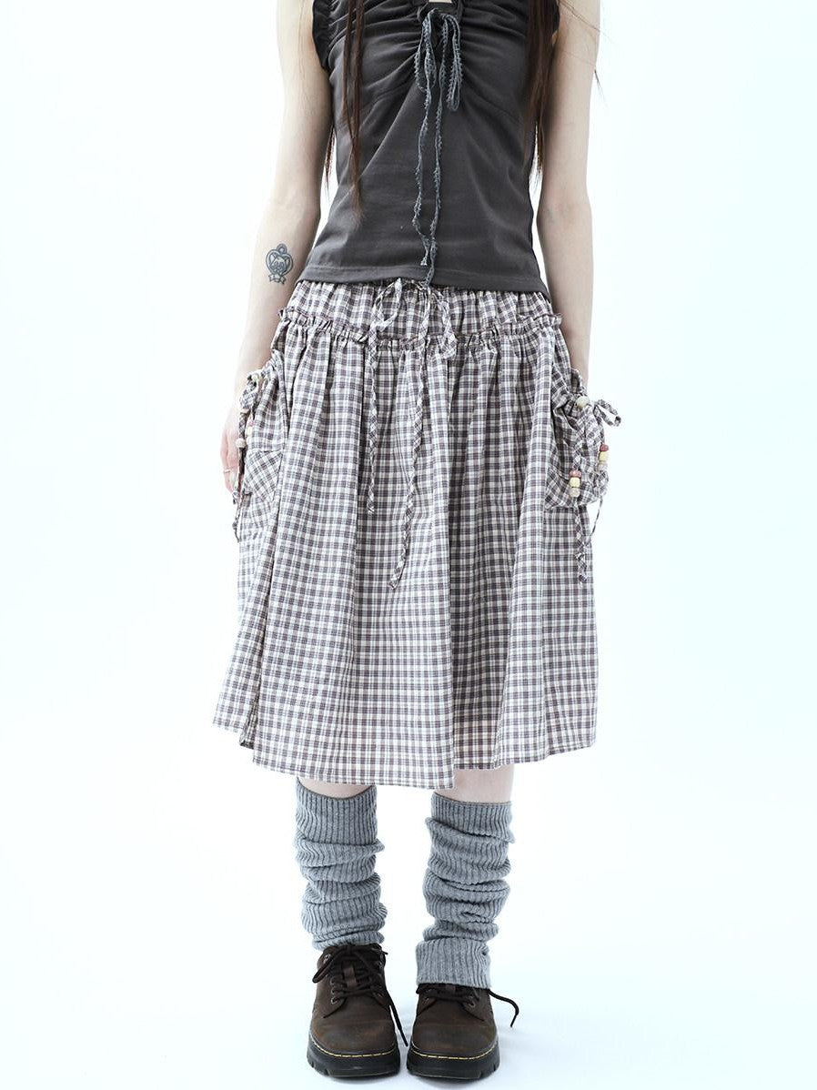 ang project Vintage Plaid Drawstring Pockets A Line Women&