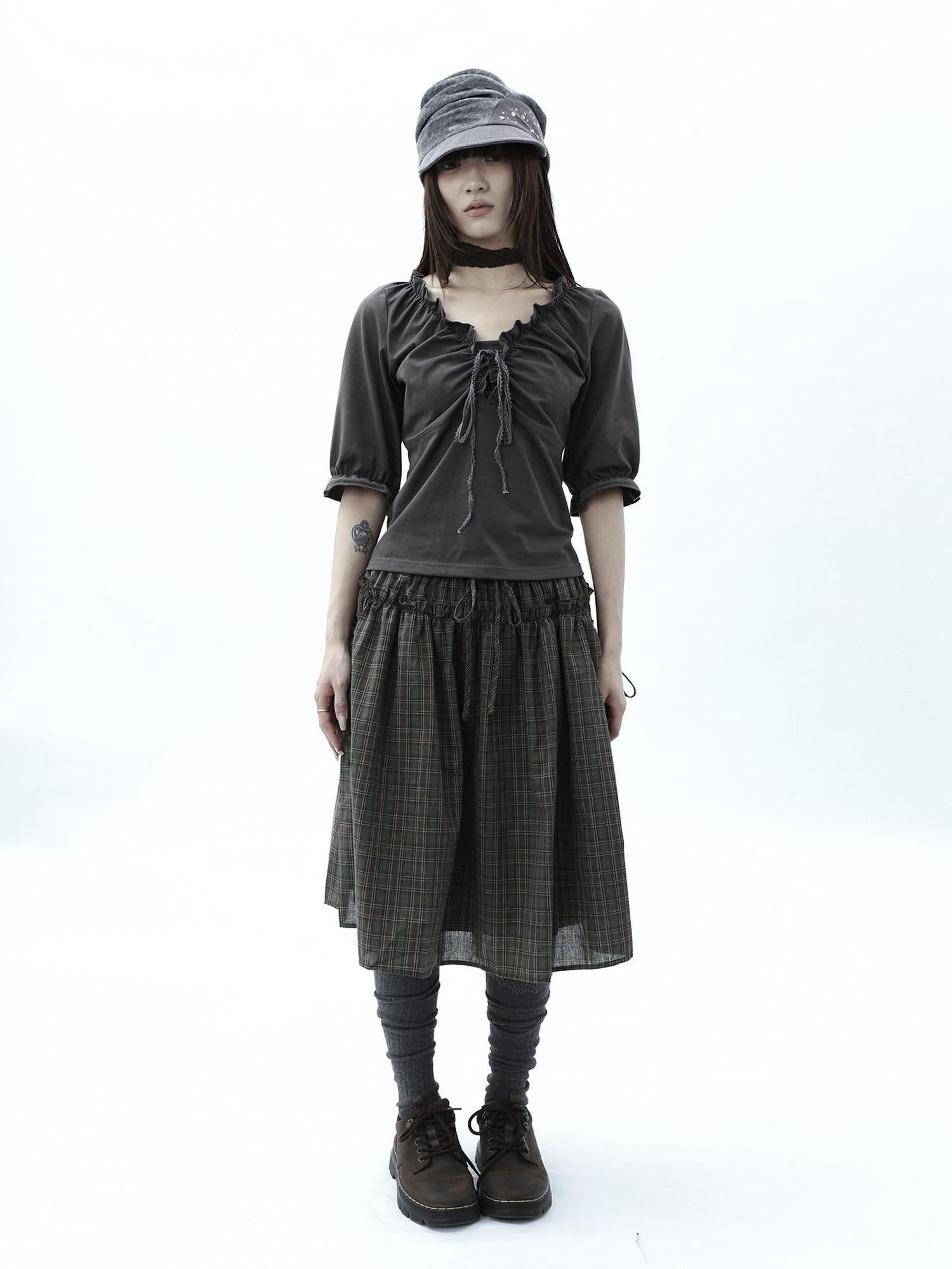 ang project Vintage Plaid Drawstring Pockets A Line Women&