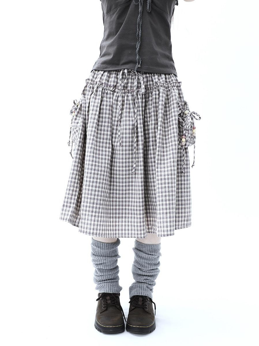 ang project Vintage Plaid Drawstring Pockets A Line Women&