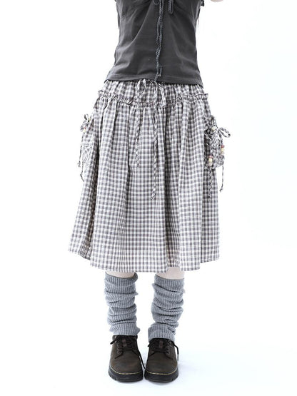 ang project Vintage Plaid Drawstring Pockets A Line Women&