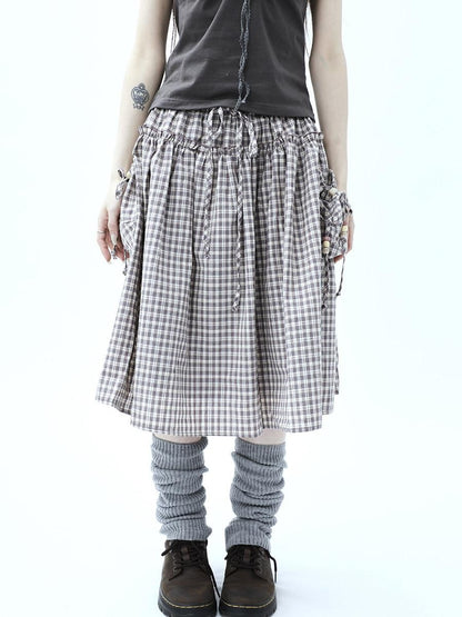 ang project Vintage Plaid Drawstring Pockets A Line Women&