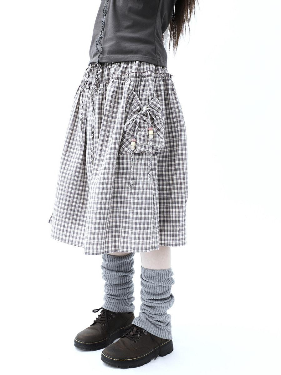ang project Vintage Plaid Drawstring Pockets A Line Women&