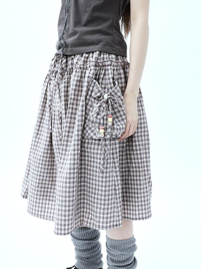 ang project Vintage Plaid Drawstring Pockets A Line Women&