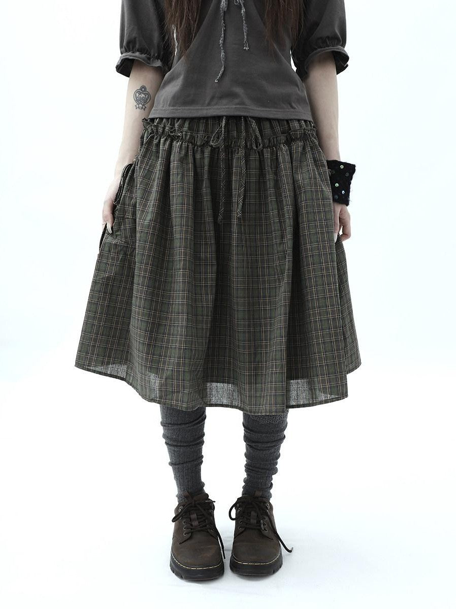 ang project Vintage Plaid Drawstring Pockets A Line Women&