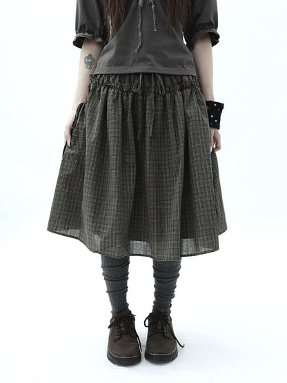 ang project Vintage Plaid Drawstring Pockets A Line Women&