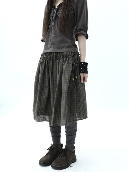 ang project Vintage Plaid Drawstring Pockets A Line Women&