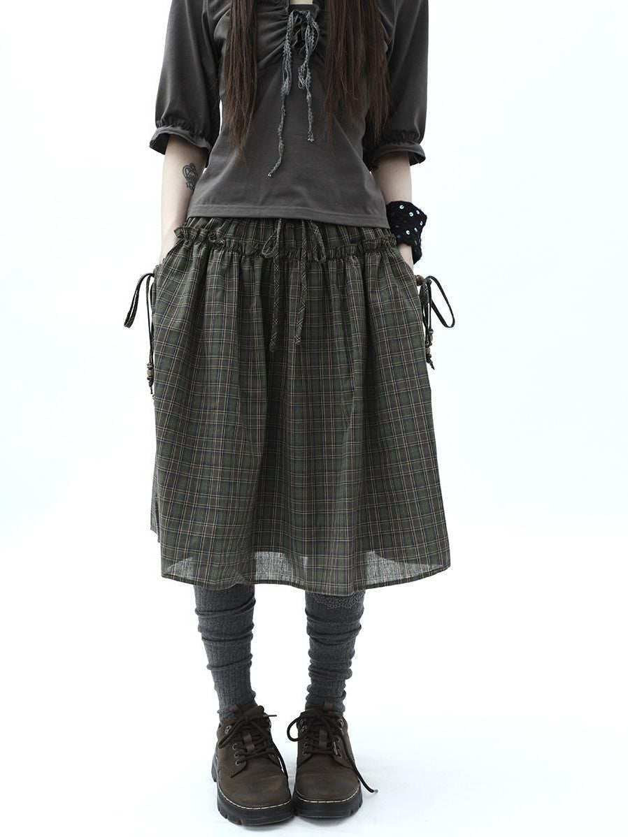 ang project Vintage Plaid Drawstring Pockets A Line Women&