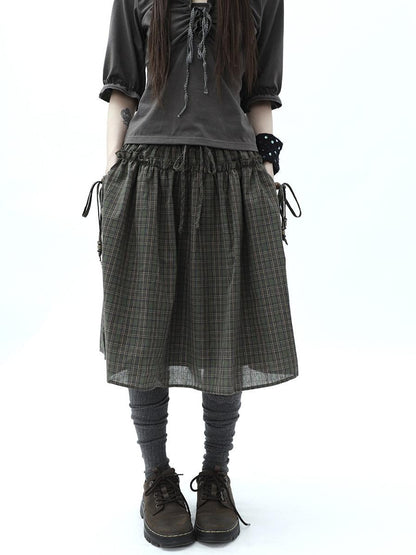 ang project Vintage Plaid Drawstring Pockets A Line Women&