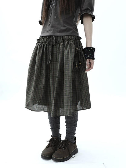 ang project Vintage Plaid Drawstring Pockets A Line Women&