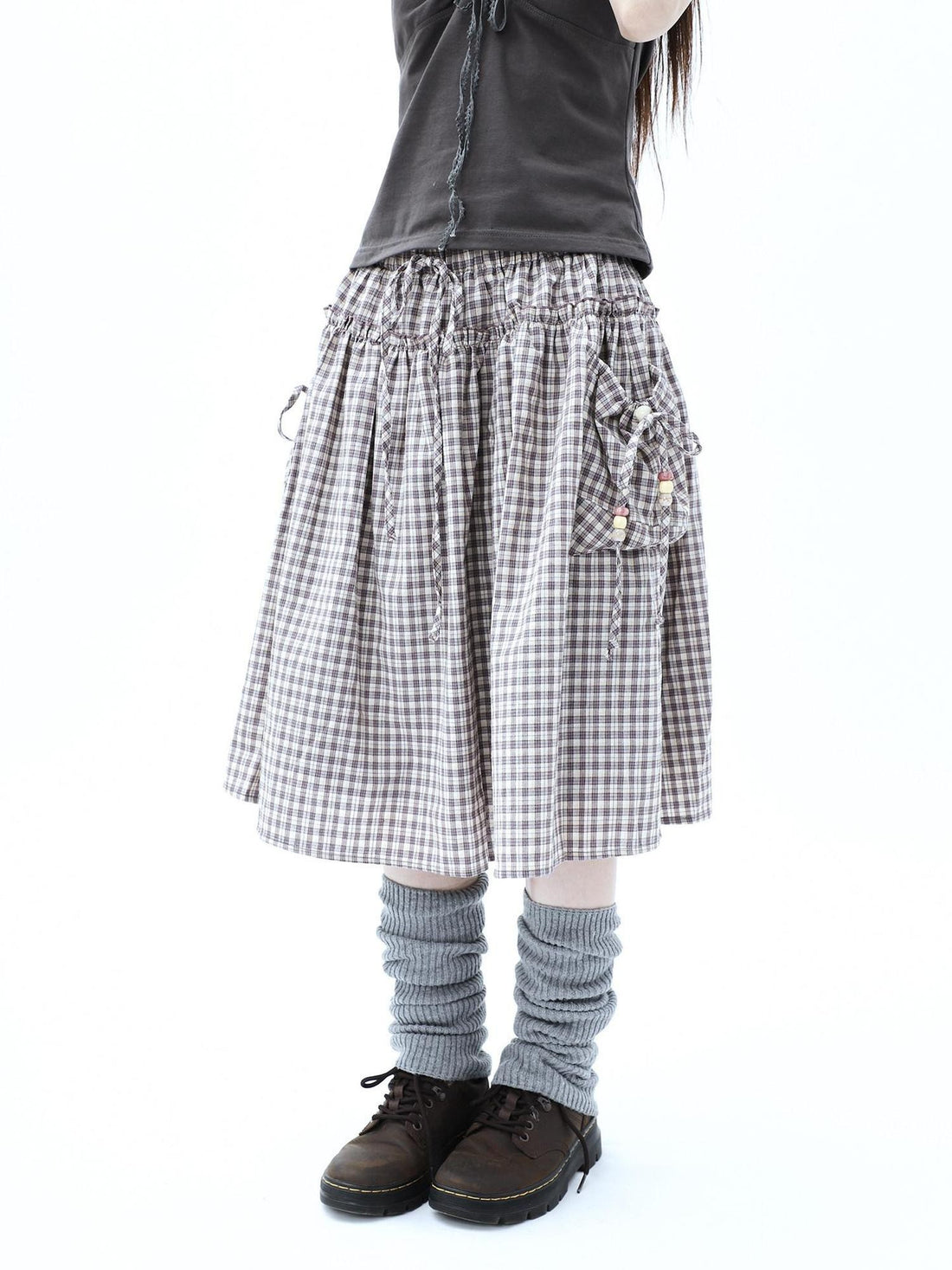 ang project Vintage Plaid Drawstring Pockets A Line Women&