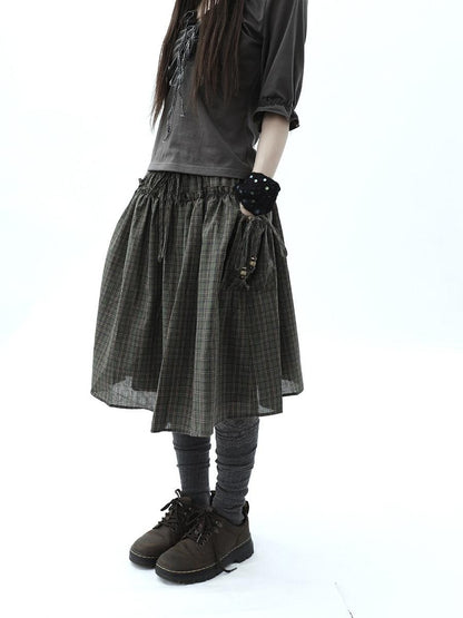 ang project Vintage Plaid Drawstring Pockets A Line Women&