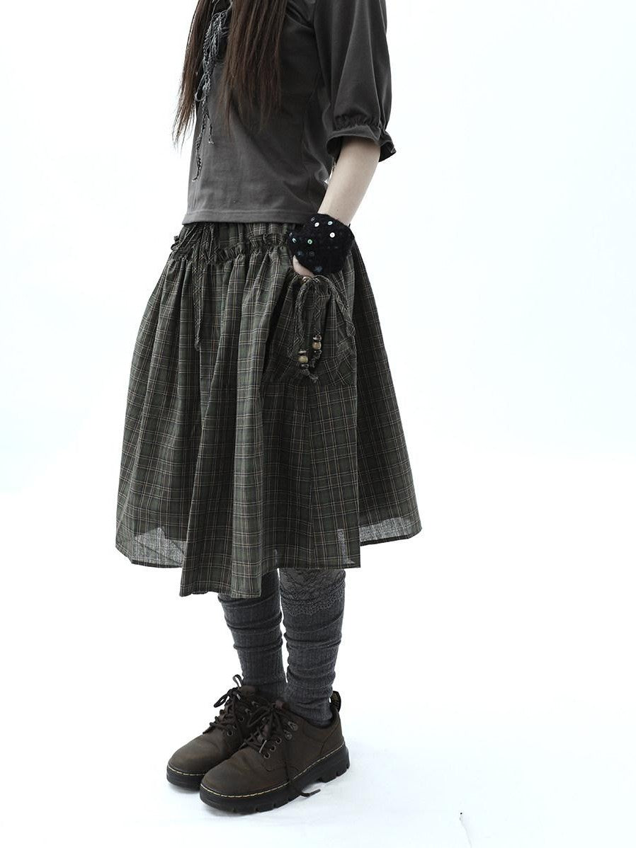 ang project Vintage Plaid Drawstring Pockets A Line Women&