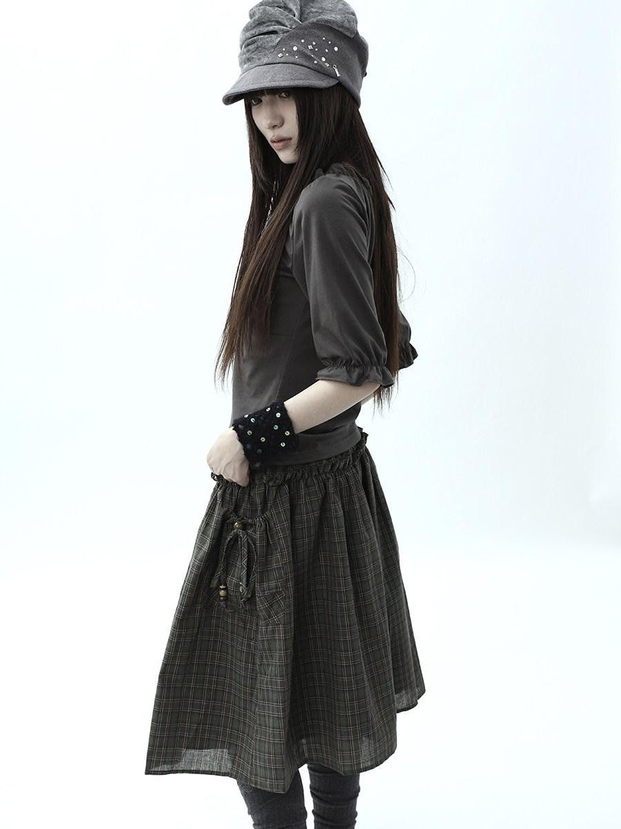 ang project Vintage Plaid Drawstring Pockets A Line Women&