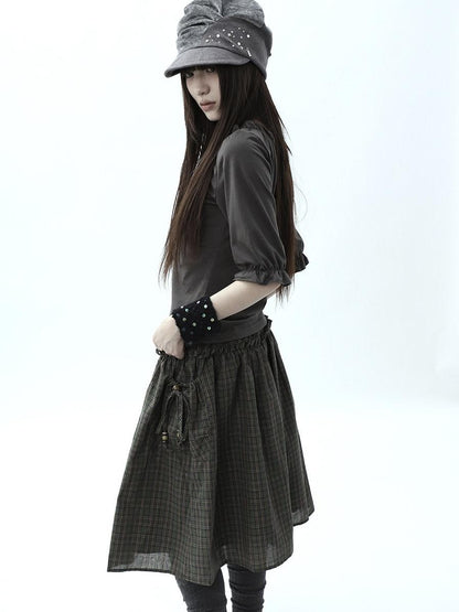 ang project Vintage Plaid Drawstring Pockets A Line Women&