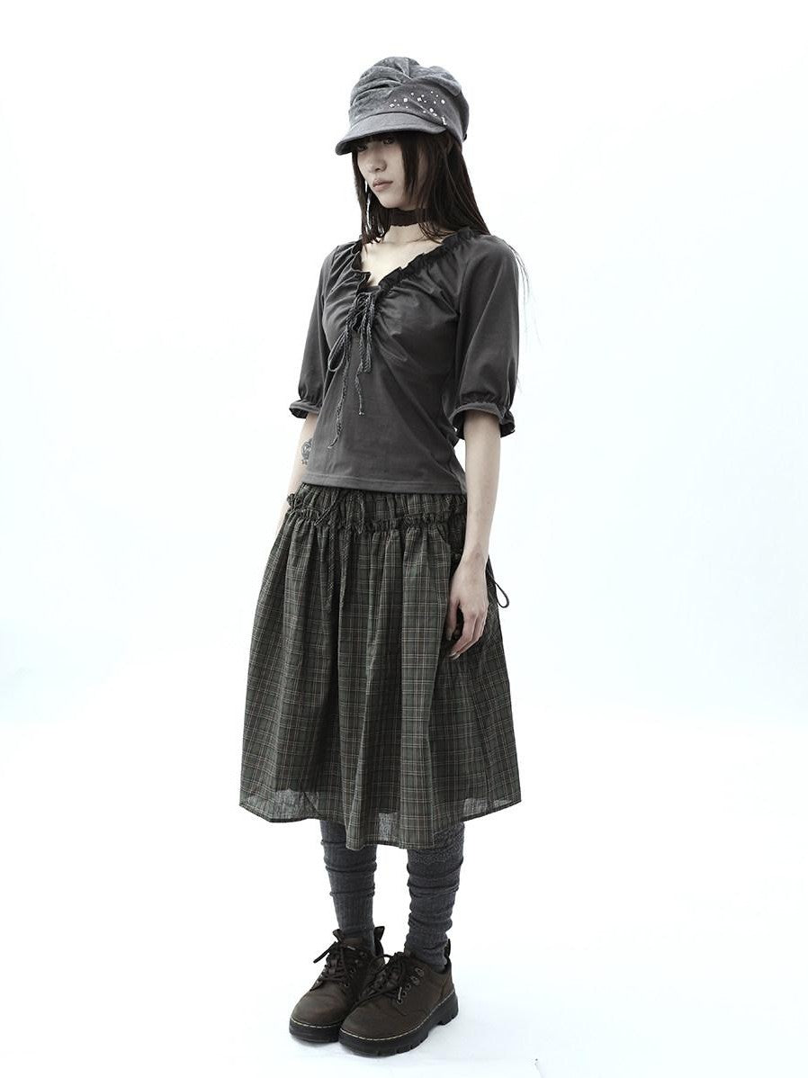 ang project Vintage Plaid Drawstring Pockets A Line Women&