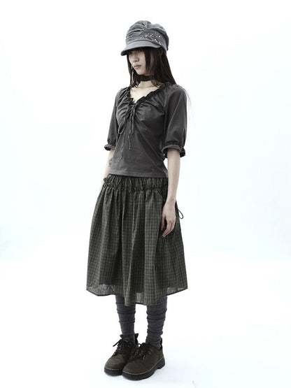 ang project Vintage Plaid Drawstring Pockets A Line Women&