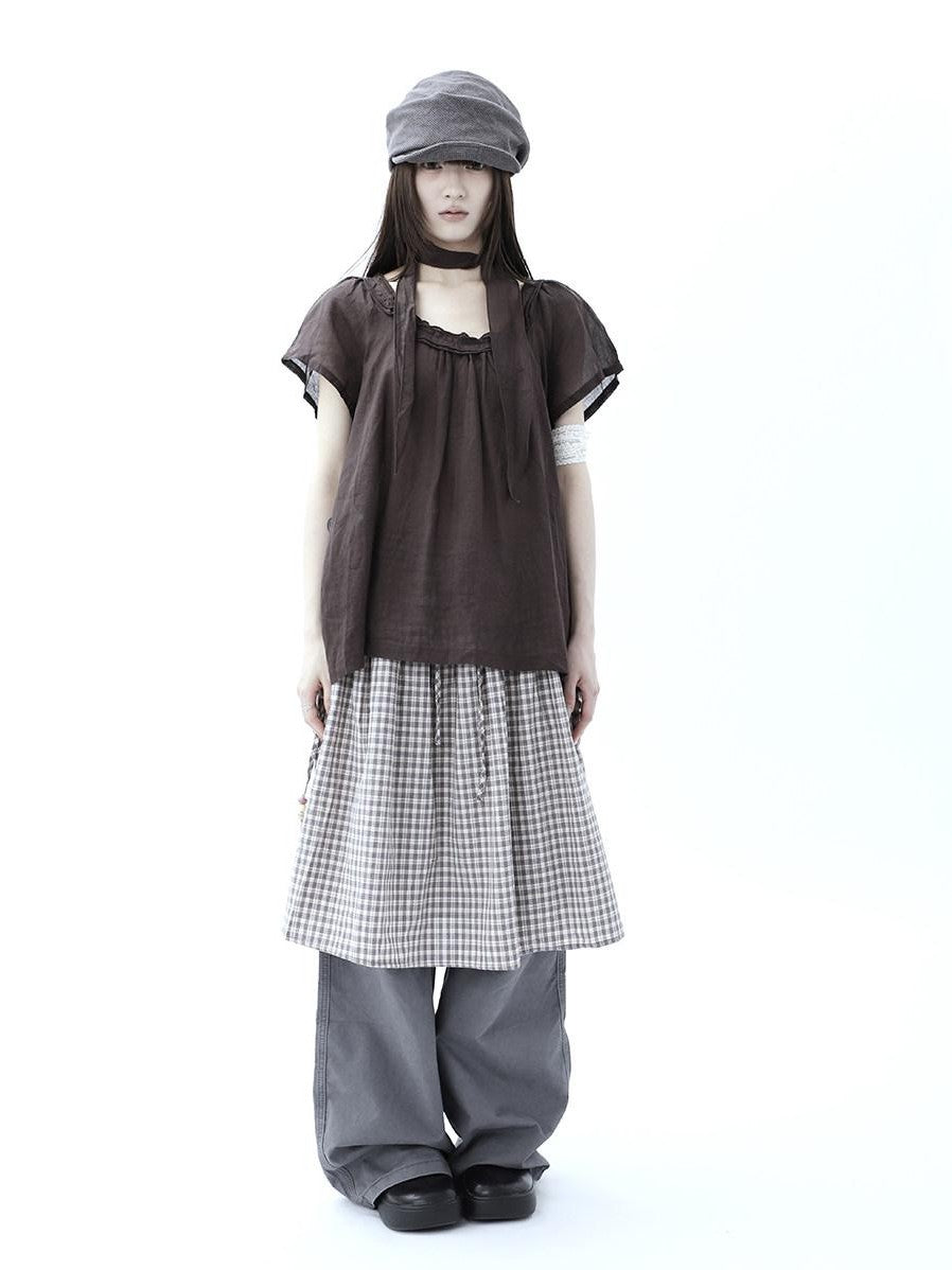 ang project Vintage Plaid Drawstring Pockets A Line Women&
