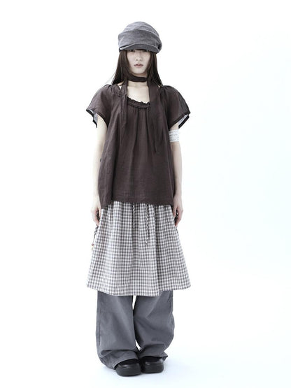 ang project Vintage Plaid Drawstring Pockets A Line Women&