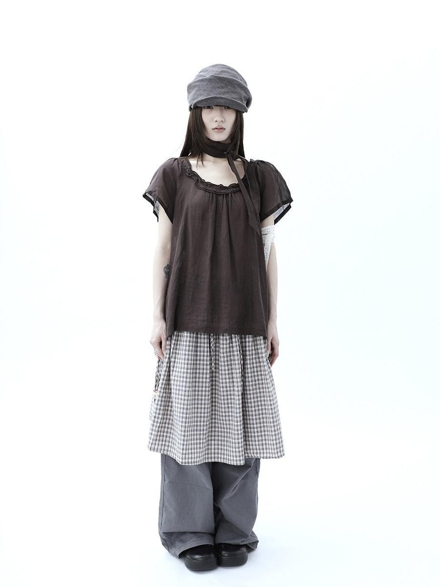 ang project Vintage Plaid Drawstring Pockets A Line Women&