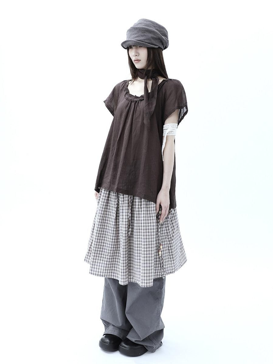 ang project Vintage Plaid Drawstring Pockets A Line Women&
