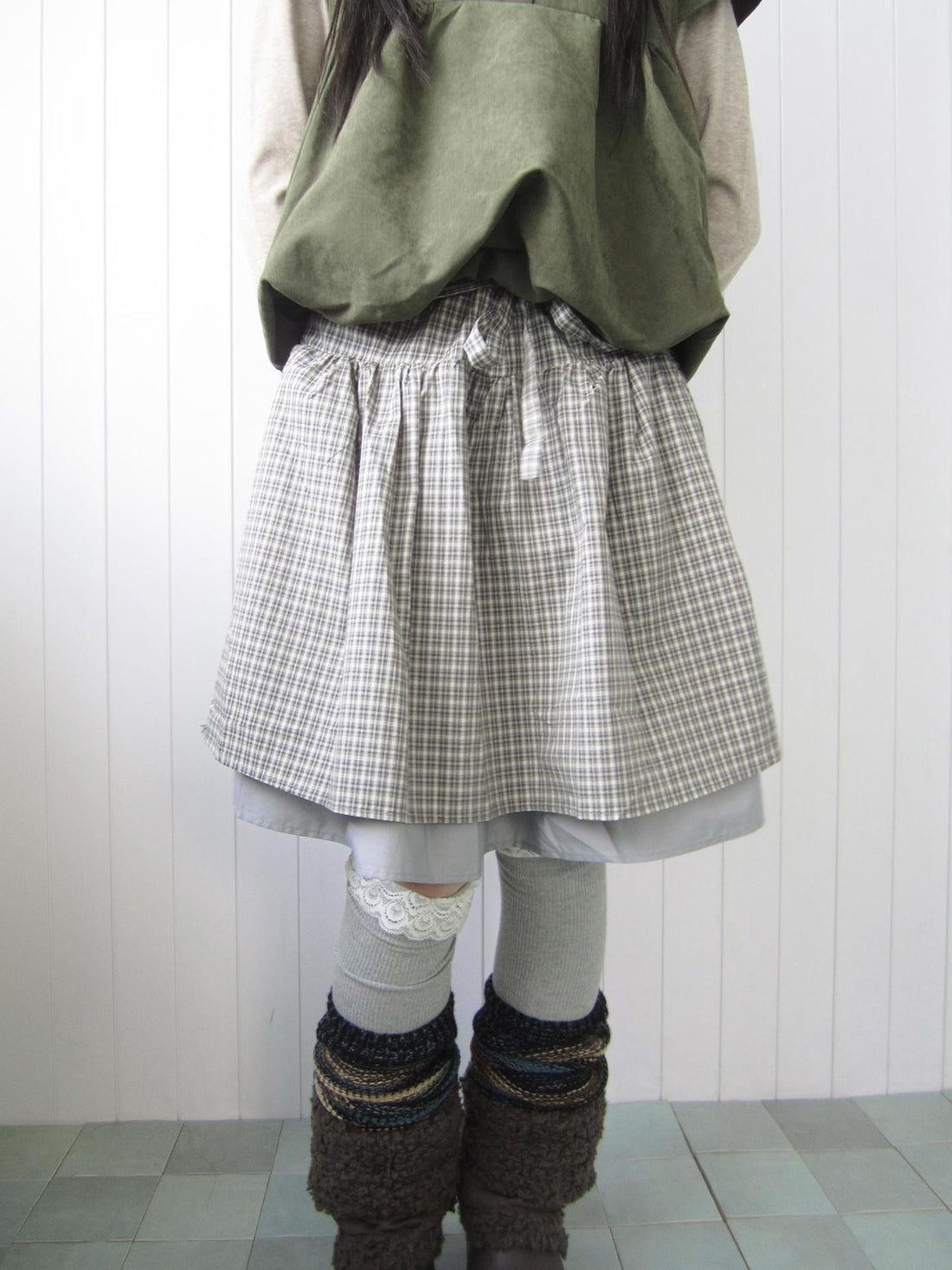 ang project Vintage Plaid Drawstring Tie Contrast Color A Line Women&