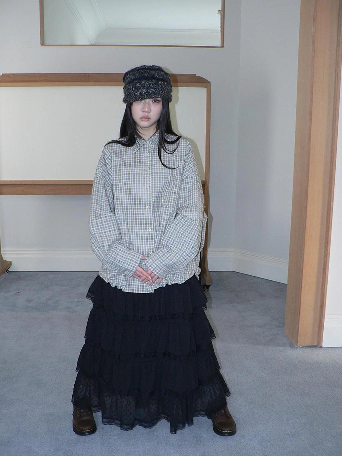 ang project Vintage Plaid Drawstring Waist Shirt Jacket Shirts