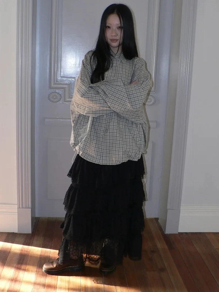 ang project Vintage Plaid Drawstring Waist Shirt Jacket Shirts