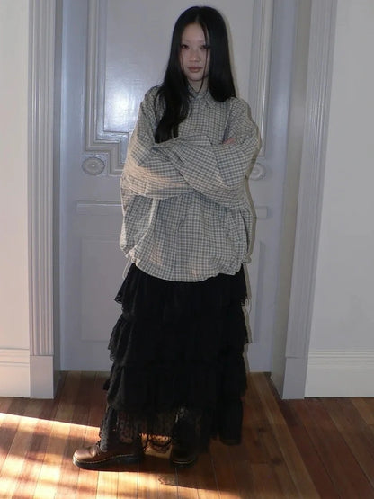 ang project Vintage Plaid Drawstring Waist Shirt Jacket Shirts