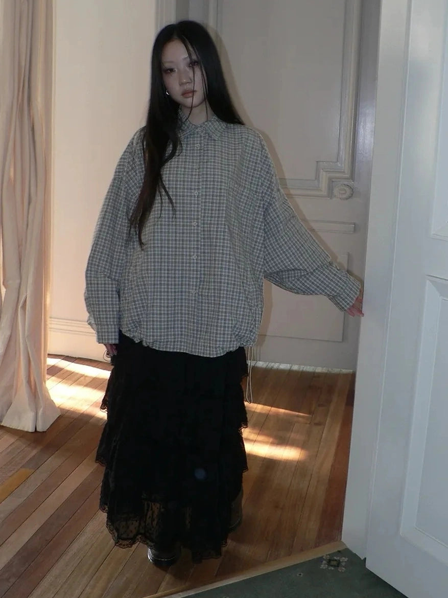 ang project Vintage Plaid Drawstring Waist Shirt Jacket Shirts