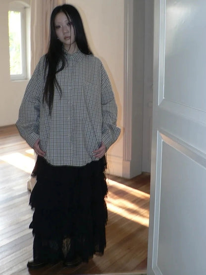 ang project Vintage Plaid Drawstring Waist Shirt Jacket Shirts