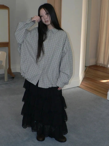 ang project Vintage Plaid Drawstring Waist Shirt Jacket Shirts