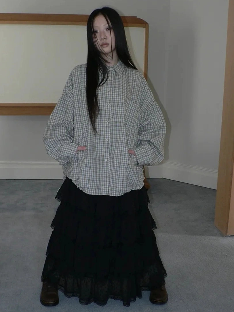 ang project Vintage Plaid Drawstring Waist Shirt Jacket Shirts