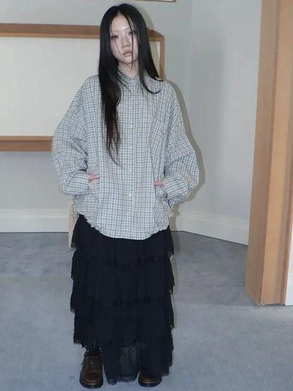 ang project Vintage Plaid Drawstring Waist Shirt Jacket Shirts