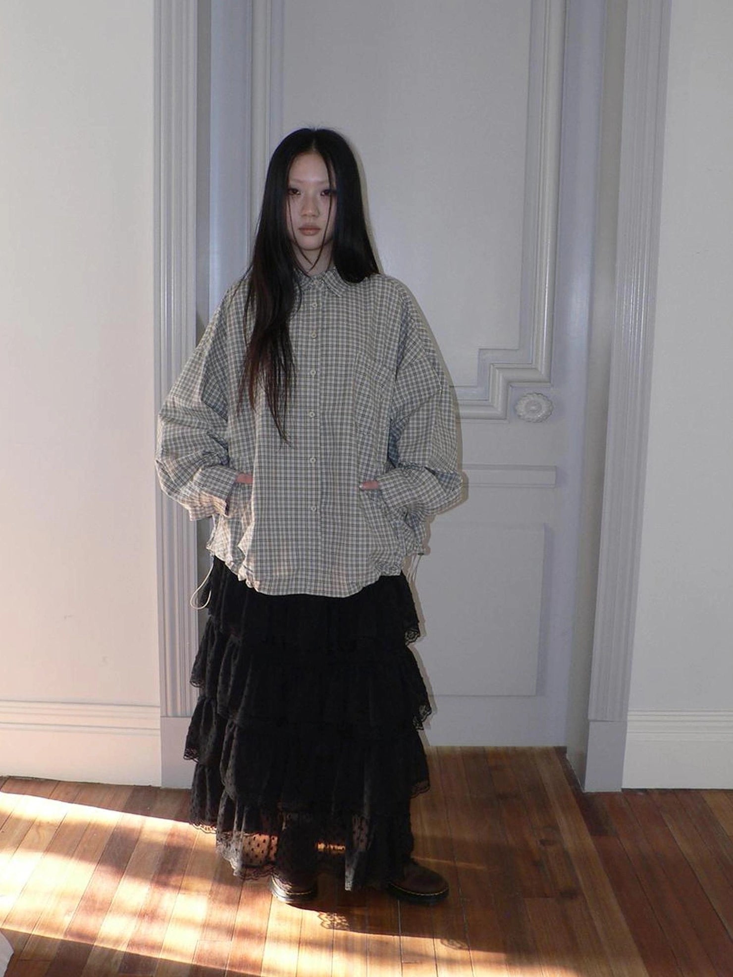 ang project Vintage Plaid Drawstring Waist Shirt Jacket Shirts